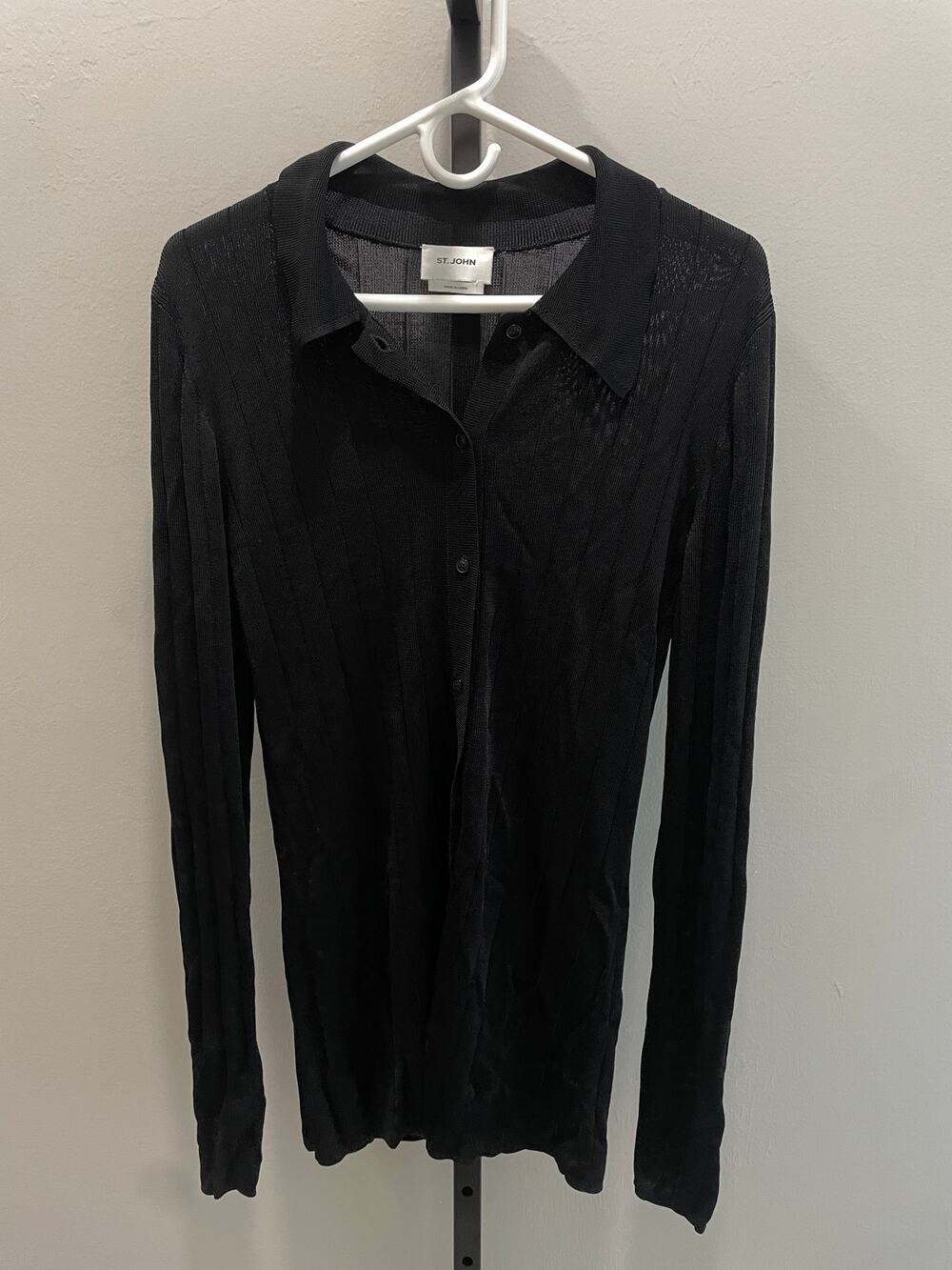 St John Polo Collar Cardigan Womens L Black Ribbed Santana Knit Rayon Button Up